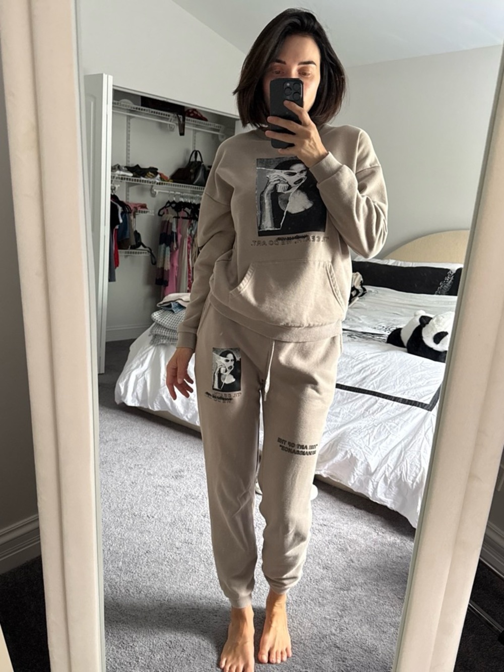 Maniere De Voir Taupe Graphic Jogger Set - Women's Track Pants & Sweatshirt